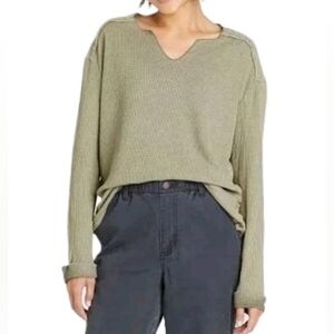 NWT XXL / 2X KNOX ROSE Thermal Knit & Lace Top Trim Olive